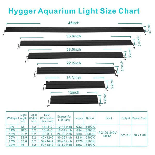 Hygger Full Spectrum White Blue Red LED Aquarium Light HG918 - Multiple Sizes