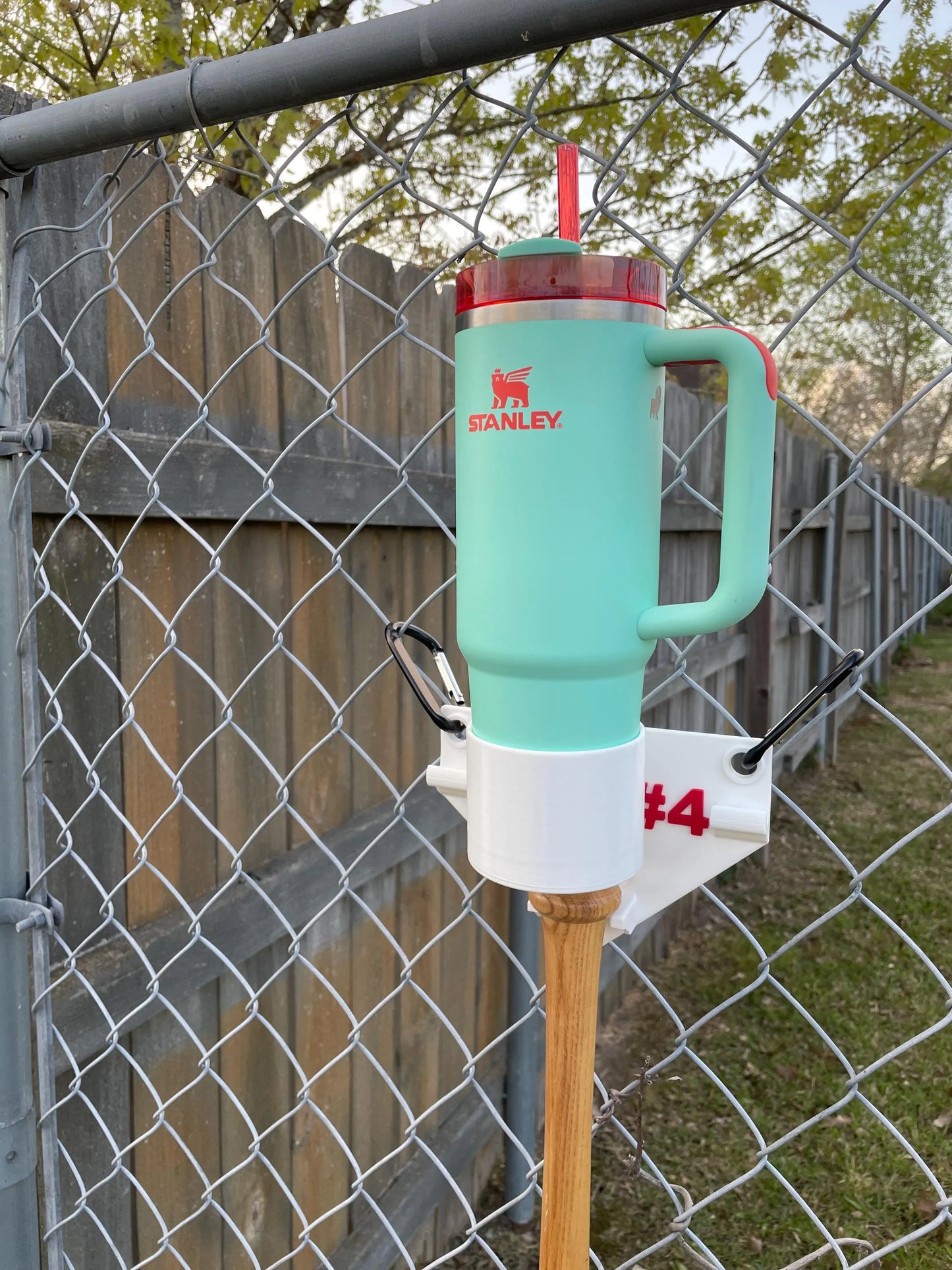 Baseball gear hanging organizer - fence hanging rack for drink, bat, helmet, and glove - personalized - fits big cups and Gatorade bottles
