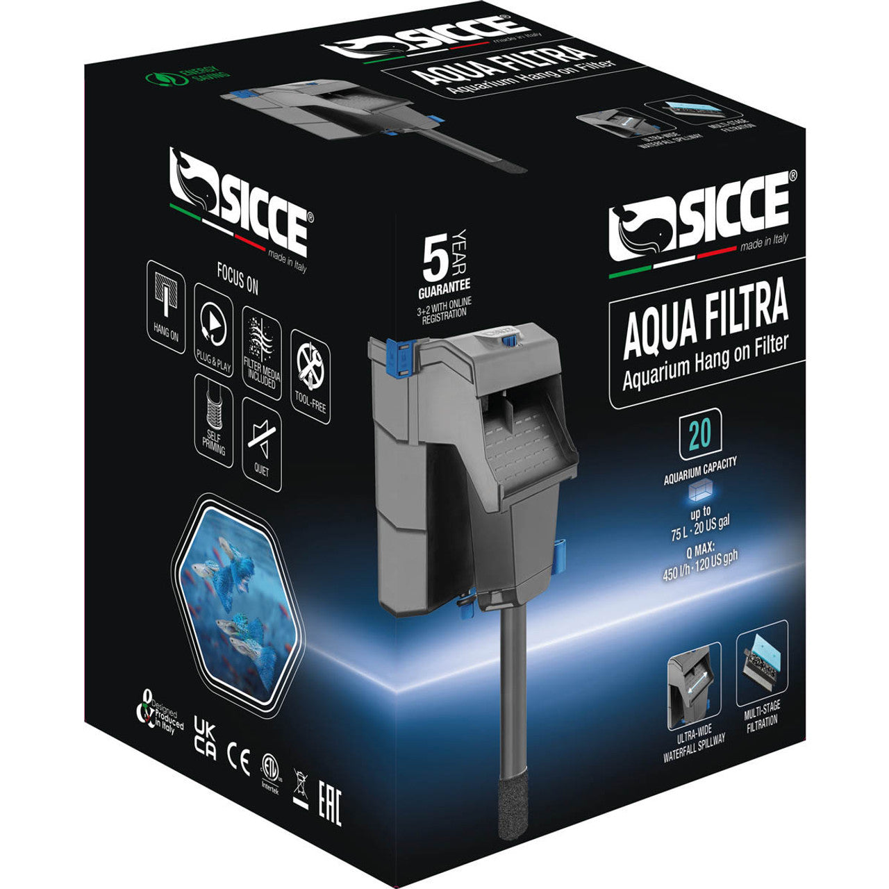 Sicce AQUA FILTRA 20 Hang on Back Aquarium Filter