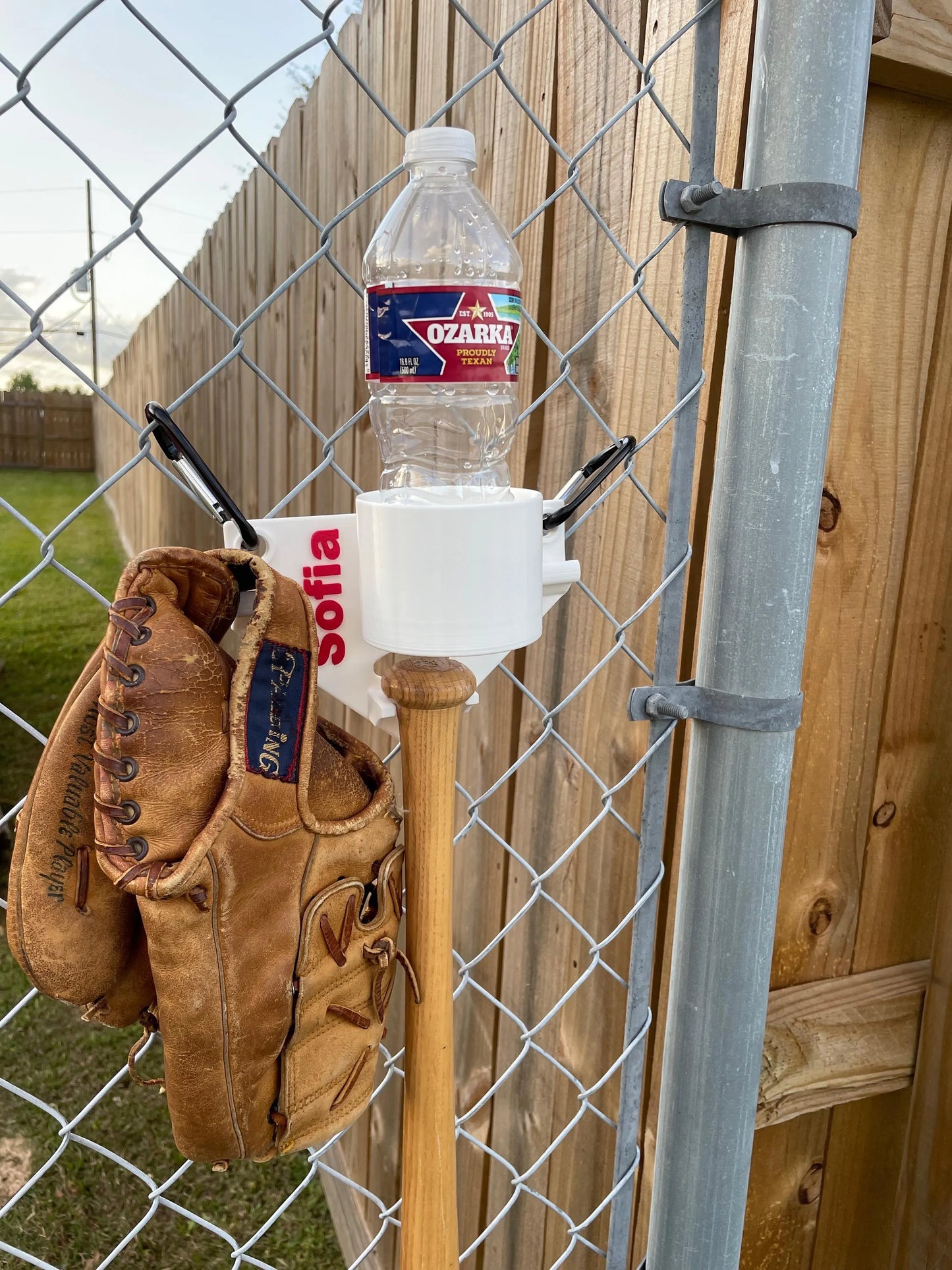 Baseball gear hanging organizer - fence hanging rack for drink, bat, helmet, and glove - personalized - fits big cups and Gatorade bottles