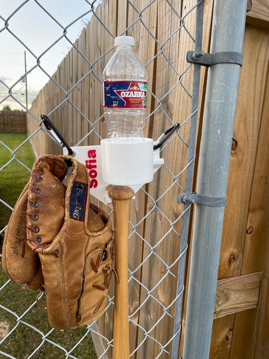Baseball gear hanging organizer - fence hanging rack for drink, bat, helmet, and glove - personalized - fits big cups and Gatorade bottles