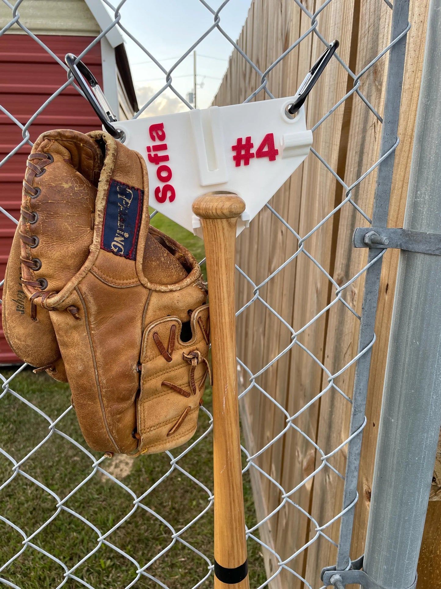 Baseball gear hanging organizer - fence hanging rack for drink, bat, helmet, and glove - personalized - fits big cups and Gatorade bottles